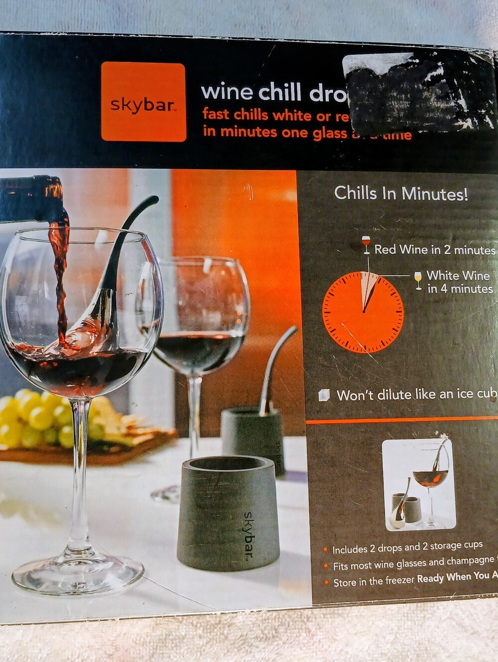 SKYBAR Wine Chill Drops Fast Chillers - Set of 2 with Storage Cups - New